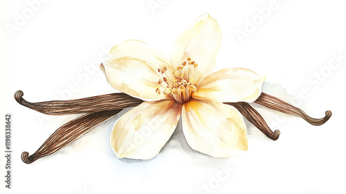 Fototapeta Naklejka Na Ścianę i Meble -  watercolor illustration of one single vanilla orchid flower and stick pods on white background	
