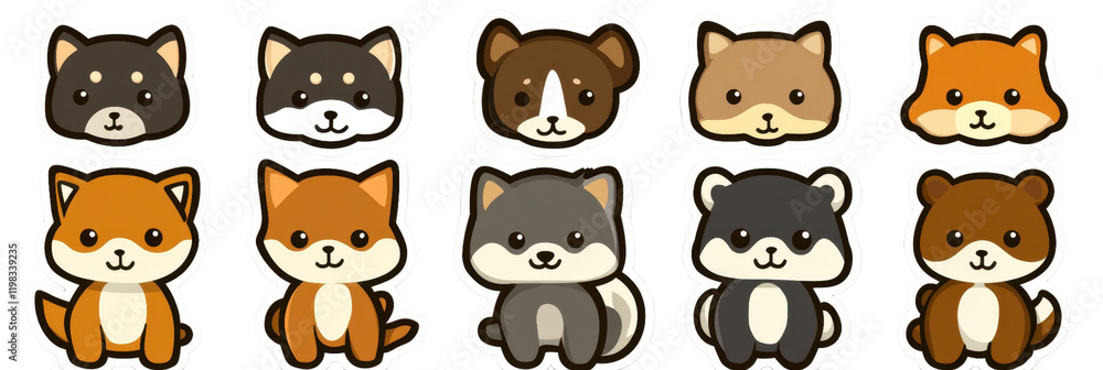 Obraz premium Cute cartoon animal stickers featuring various adorable characters, including dogs, foxes, and raccoons, perfect for adding playful touch to any project