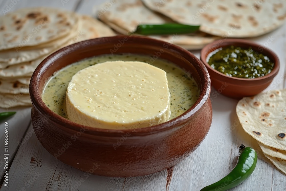 Oaxacan cheese in an earthen pot beside green sauce tortillas and chili peppers on a white table Oaxacan cheese in an earthen pot beside green sauce tortillas and chili peppers on a white table