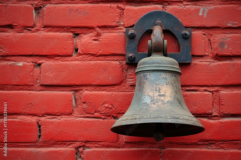 Fototapeta premium Old fashioned fire alarm bell on a red brick wall