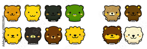 Cute cartoon animal stickers featuring various bear and lion designs in different colors and expressions. Perfect for adding playful touch to your projects photo