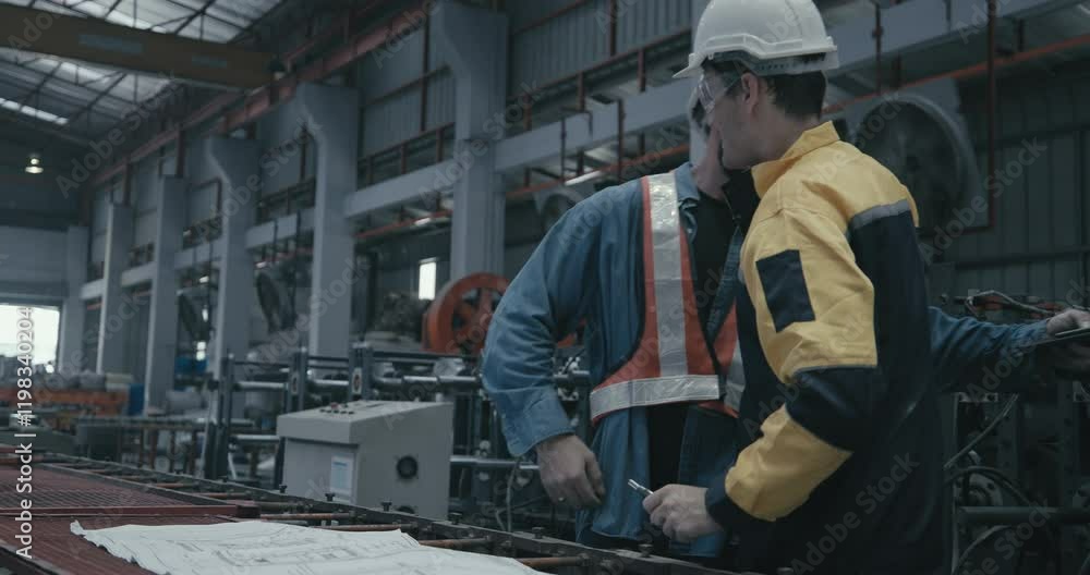 Metal sheet workers inspecting blueprint in factory setting. Collaborating on project planning and precision engineering, surrounded by machinery and equipment essential for manufacturing process.
Metal sheet workers inspecting blueprint in factory setting. Collaborating on project planning and precision engineering, surrounded by machinery and equipment essential for manufacturing process.