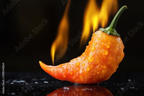 One ripe bhut jolokia pepper near a flame on a black backdrop photo