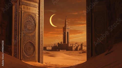 Massive sandstone doors with Islamic motifs open to a desert mosque under a glowing crescent moon. Warm Ramadan scene in stunning 32K Ultra HD detail