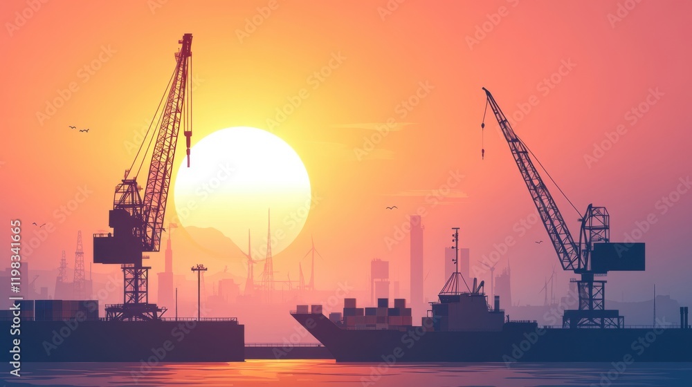 The logistic planner analyzes. Beautiful sunset over cranes and ships in a harbor silhouette. The logistic planner analyzes. Beautiful sunset over cranes and ships in a harbor silhouette.