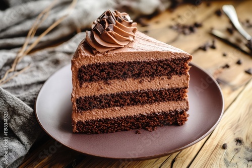 Piece of triple chocolate mousse cake on a dish photo