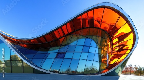 Modern building with curved glass facade reflecting sunlight.