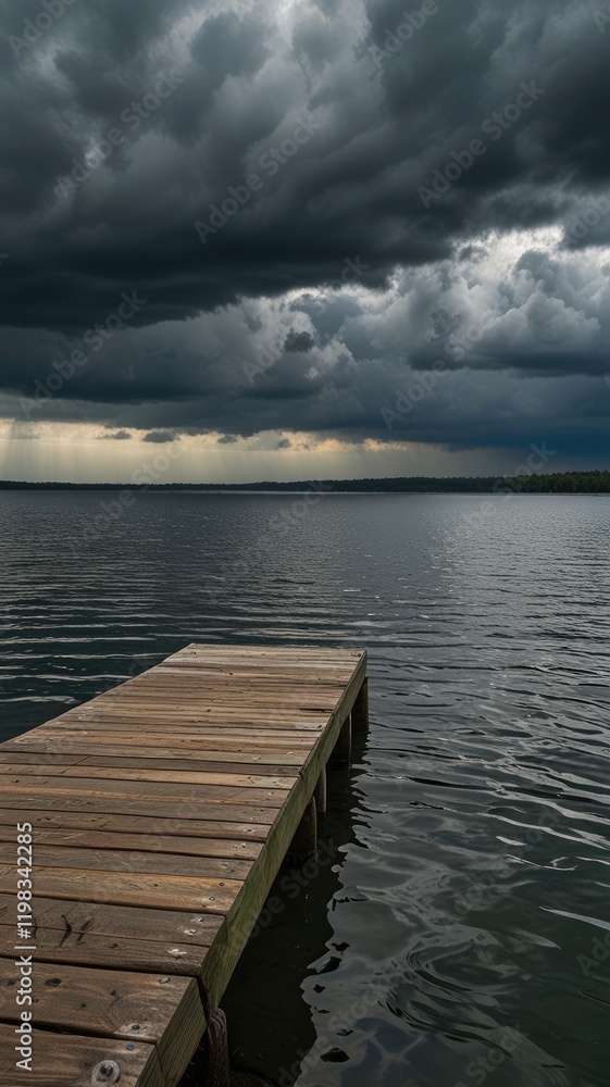 Fototapeta premium dock lake,Lonely Dock Against Rippling Waters and Cloudy Skies