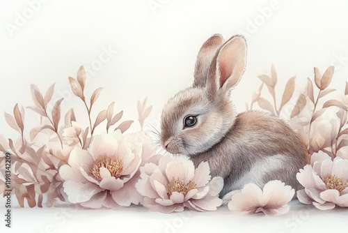 A soft, illustrated rabbit nestled among delicate flowers.