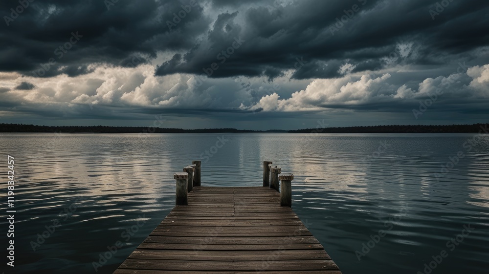 Fototapeta premium dock lake,Lonely Dock Against Rippling Waters and Cloudy Skies