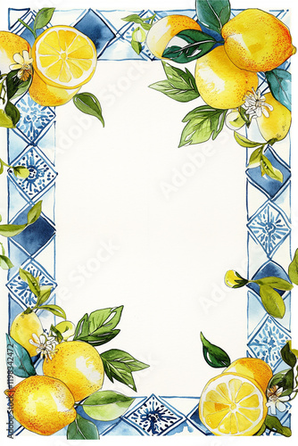 Watercolor lemons and blue tiles frame composition creating a vibrant summer ...