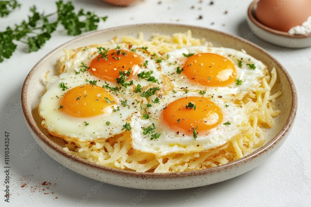 Plate with fried eggs cheese and hash browns on a bright backdrop selective focus Plate with fried eggs cheese and hash browns on a bright backdrop selective focus