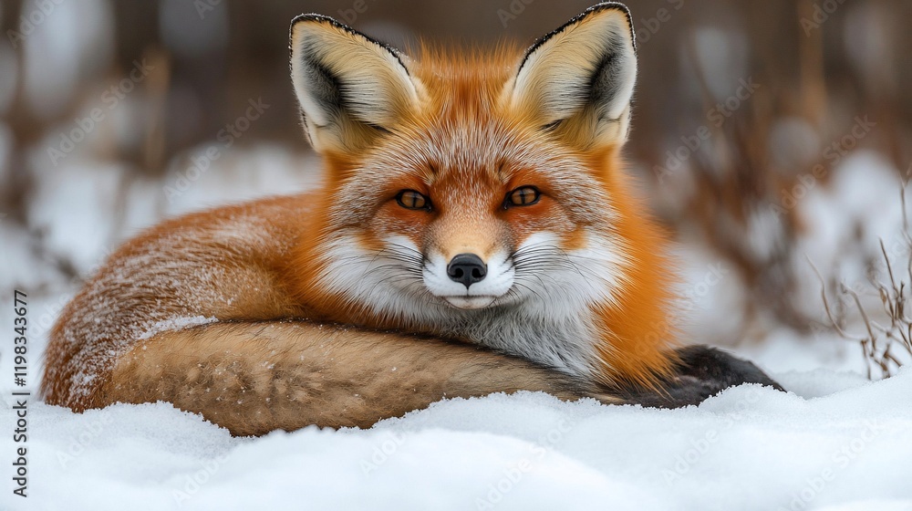 Obraz premium Red fox resting in winter snow, woodland background; wildlife photography