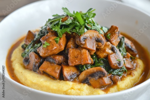 Polenta with mushroom spinach and tempeh stew photo