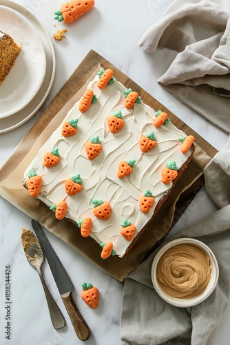 Delicious carrot cake decorated with marzipan carrots for easter celebration