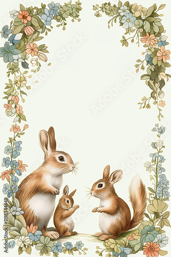 Family of rabbits posing in a flower frame