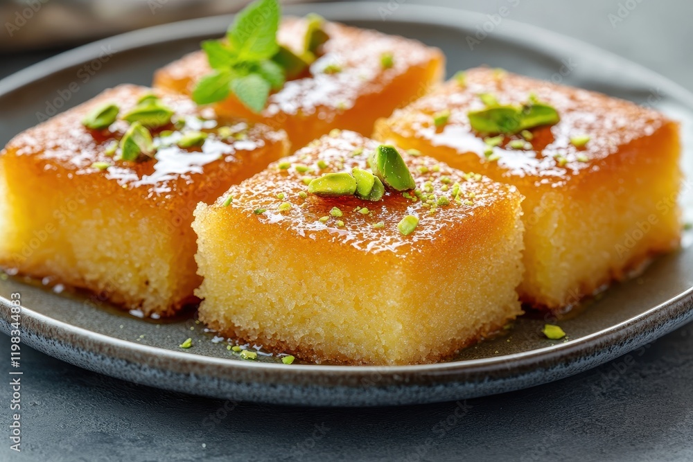 Revani a sweet semolina cake topped with pistachios a delicacy in Turkish Ramadan treats presented with syrup on a gray backdrop Revani a sweet semolina cake topped with pistachios a delicacy in Turkish Ramadan treats presented with syrup on a gray backdrop