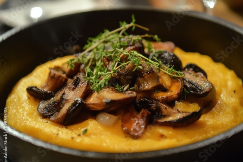 Rich polenta topped with roasted mushrooms onions and thyme in a cast iron skillet photo