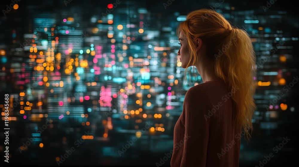 Woman gazing at futuristic data screen. Woman gazing at futuristic data screen.