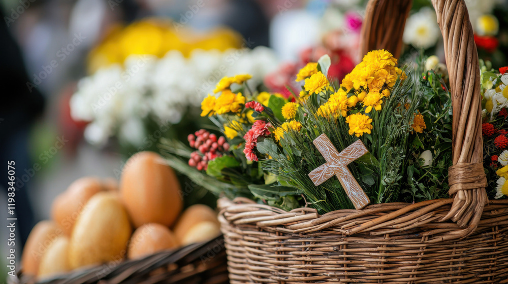A vibrant basket filled with colorful flowers and eggs, symbolizing spring and renewal, adorned with a small wooden cross. A vibrant basket filled with colorful flowers and eggs, symbolizing spring and renewal, adorned with a small wooden cross.