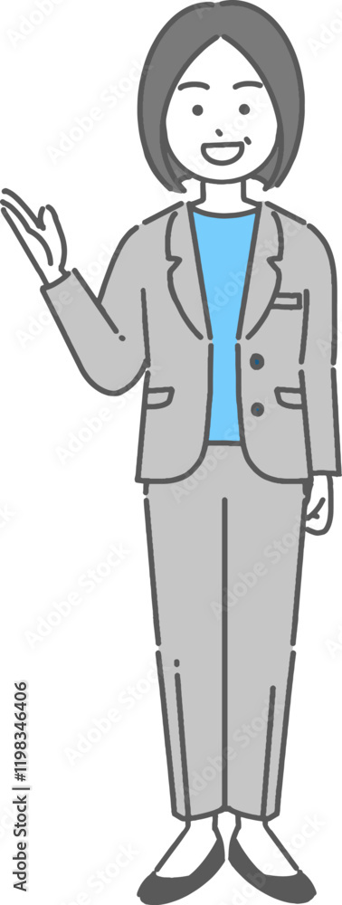 案内するベテランのビジネスウーマン／先生の全身イラスト