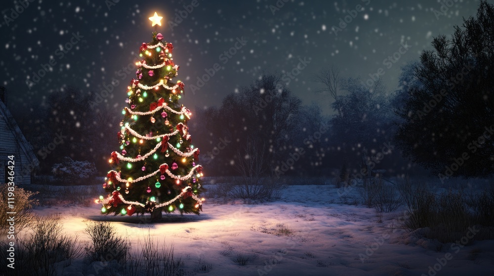 Obraz premium A Magical Christmas Eve: Illuminated Tree in Snowy Winter Night