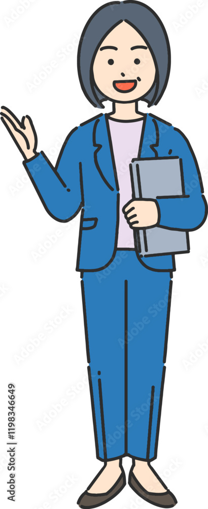 ノートパソコンを持って案内するベテランのビジネスウーマン／先生の全身イラスト
