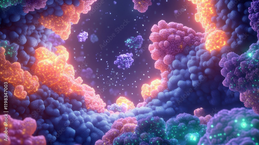 Exploring intricate molecular interactions with microbes in a vibrant, colorful environment. Generative AI Exploring intricate molecular interactions with microbes in a vibrant, colorful environment. Generative AI