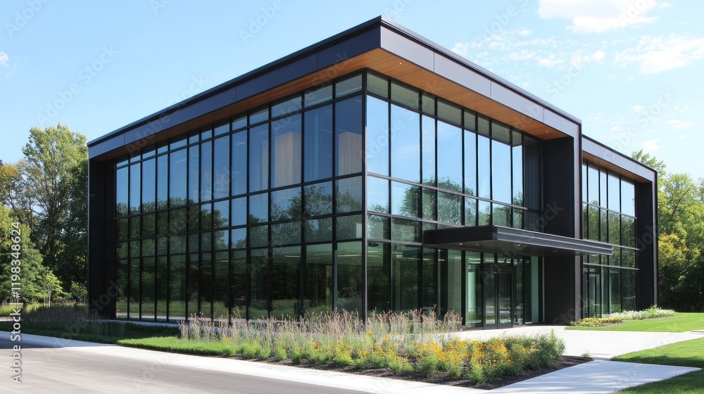 Modern glass office building exterior on sunny day. Modern glass office building exterior on sunny day.