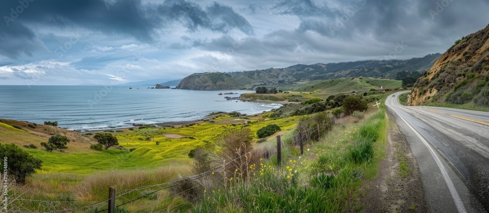 Coastal Highway with Stormy Clouds and Wildflowers