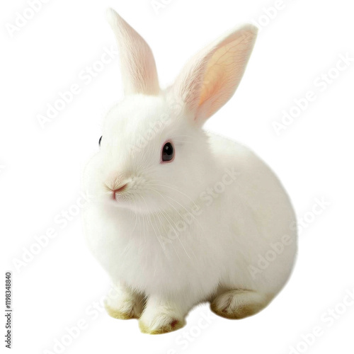 fluffy white rabbit with long ears sits against transparency background, exuding sense of calm and curiosity. This adorable creature is perfect for various themes