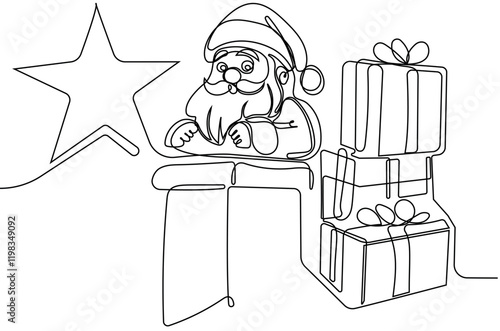 Vector hand drawn Christmas concept sketch. Santa Claus driving car with open bag full of presents. Lettering Christmas concept. Vector illustration