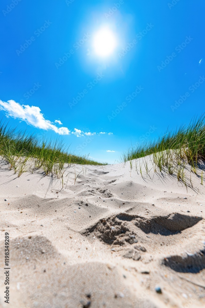 Low angle of beach vegetation protecting sand dunes from erosion.