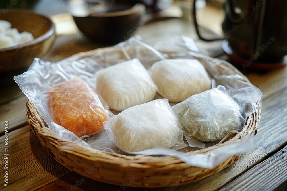 Single packaged Japanese rice cakes called mochi Single packaged Japanese rice cakes called mochi