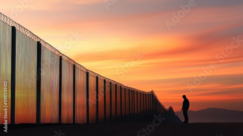 A solitary figure stands by a border fence at sunset.
