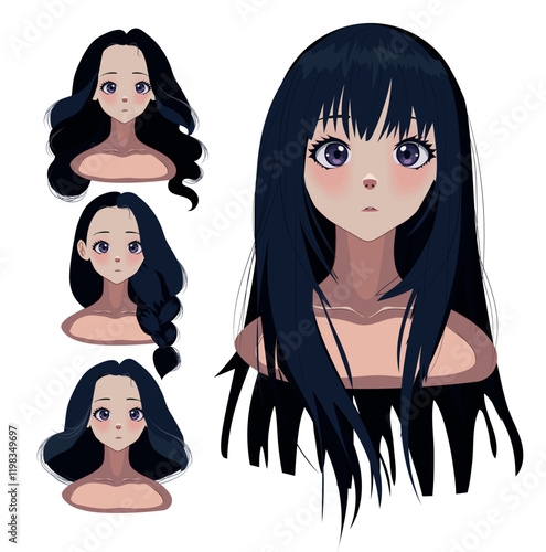 Design of a female anime character . Anime hairstyles wigs. Isolated hair set. Vector illustration