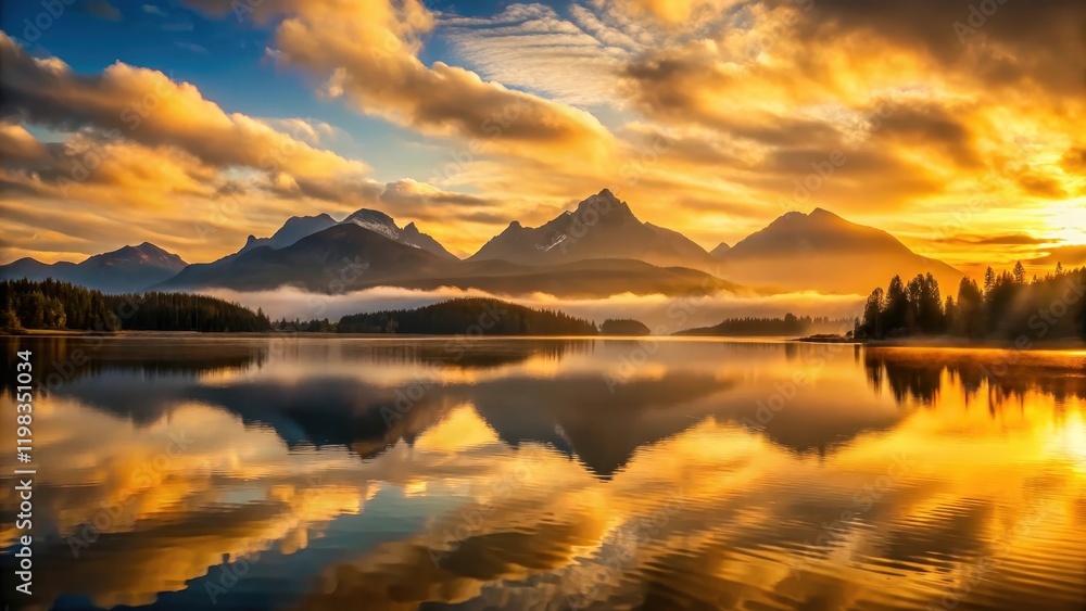 Fototapeta premium Golden Hour Serenity A Majestic Mountain Lake Reflecting the Fiery Sunset Sky
