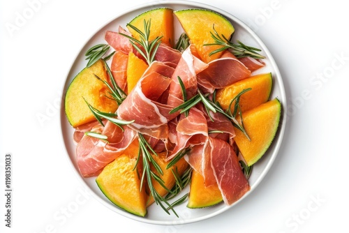 Slices of cantaloupe with prosciutto rosemary and honey on a white plate Italian starter Healthy dish photo