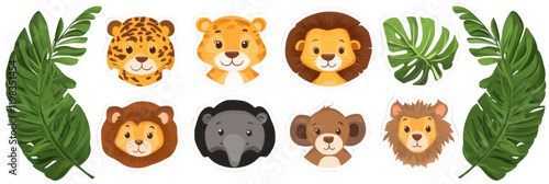 Cute cartoon animal stickers featuring leopard, lion, tiger, and elephant, surrounded by tropical leaves, perfect for adding playful touch to any project