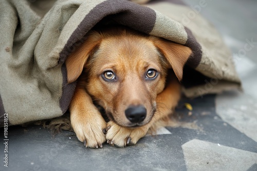 small stray puppy with heartbreaking eyes photo