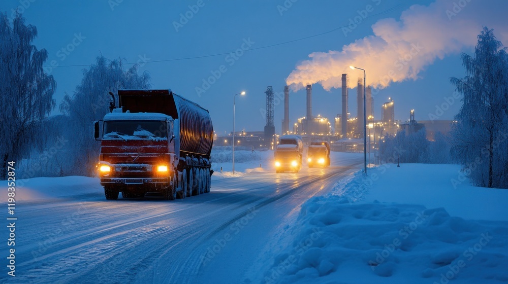 Trucks on Snowy Road at Dusk near Industrial Plant Trucks on Snowy Road at Dusk near Industrial Plant