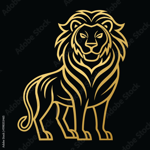 Gold lion standing illustration on black background with graceful design