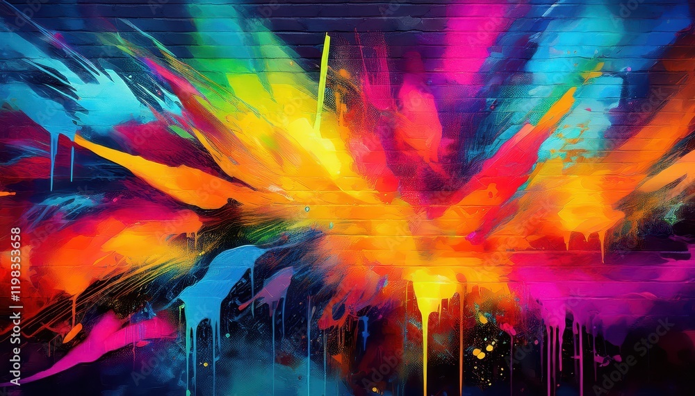 Vibrant Grunge Graffiti Art TieDye Texture Hip Hop Masterpiece with Black Brush Strokes, Showcasing Rich Colors and Rough Textures. Vibrant Grunge Graffiti Art TieDye Texture Hip Hop Masterpiece with Black Brush Strokes, Showcasing Rich Colors and Rough Textures.