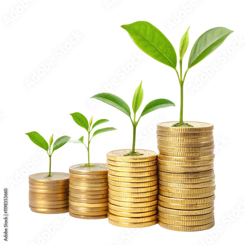 A coin pile with a plant symbolizing financial growth on a transparent background