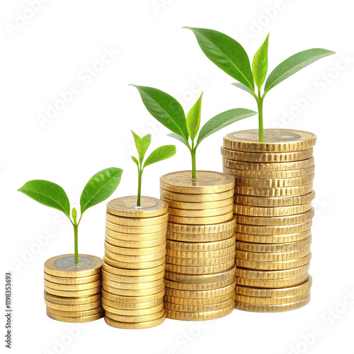 A coin pile with a plant symbolizing financial growth on a transparent background