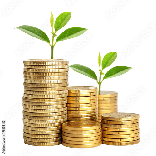 A coin pile with a plant symbolizing financial growth on a transparent background