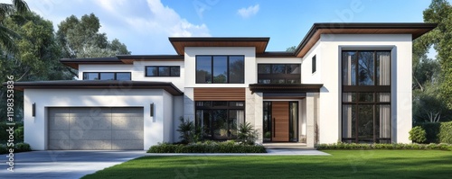 3D rendering of a modern two-story house with a white and wood facade. Front view. On the left side, there is a concrete garage door. A green lawn is in the front yard. The background is a blue sky.  photo