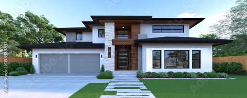 3D rendering of a modern two-story house with a white and wood facade. Front view. On the left side, there is a concrete garage door. A green lawn is in the front yard. The background is a blue sky.  photo