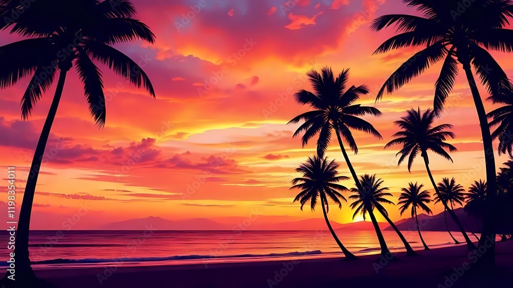 Serene Coastal Sunset: Vibrant Skies and Silhouetted Palm Trees Serene Coastal Sunset: Vibrant Skies and Silhouetted Palm Trees