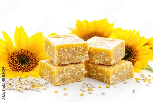 Sunflower halva on white background Slices of halva dessert photo